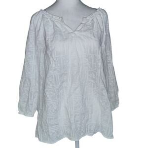 J.Jill Cross Stitch Blouse Peasant Long Sleeves Shirt White Medium